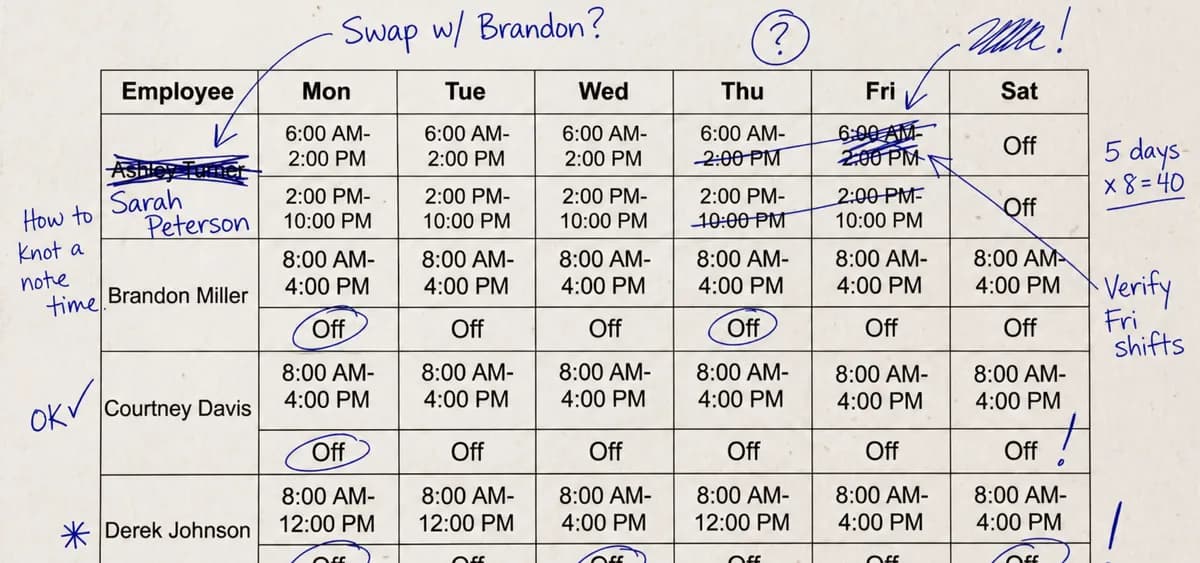 A staff schedule handwritten on paper with margin notes