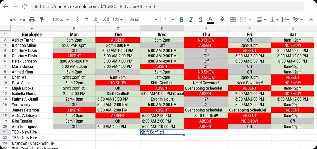 The same schedule kept in a spreadsheet
